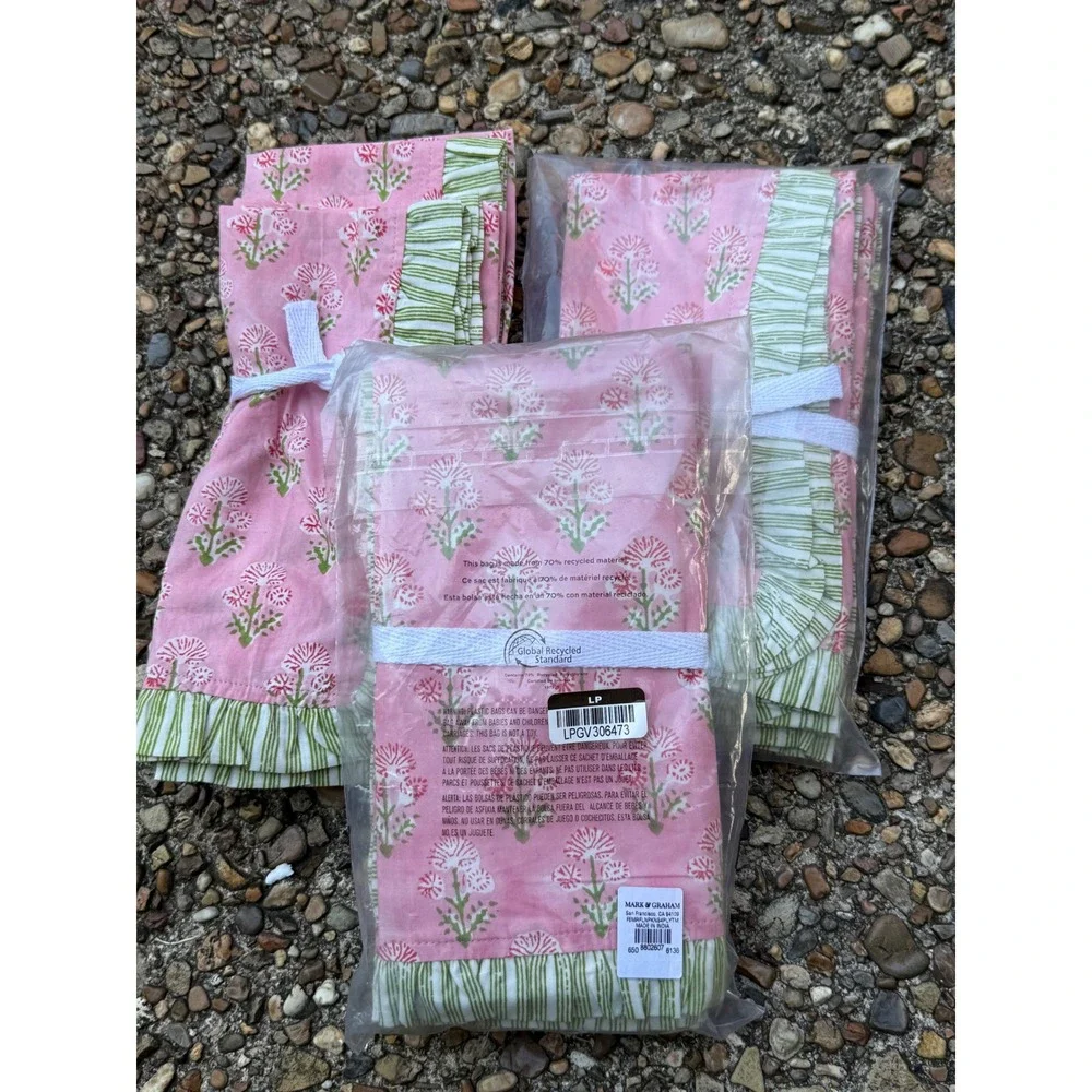 Mark & Graham Pink Block Print Ruffle Dinner Napkins Set of 12 New Floral Green